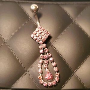 Belly button ring pink jeweled dangle teardrops